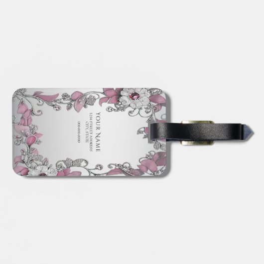 Roze Zilveren Witte Bloemen Bagagelabel (Achterkant horizontaal)