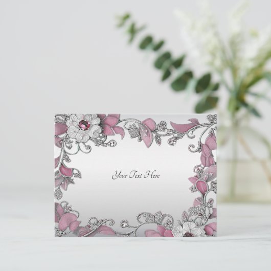 Roze Zilveren Witte Bloemen Briefkaart (Staand voorkant)
