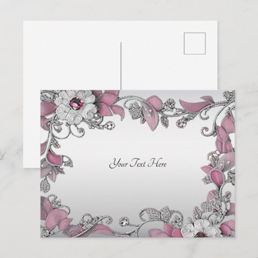 Roze Zilveren Witte Bloemen Briefkaart (Voorkant / Achterkant)