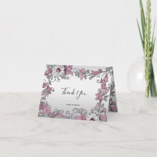 Roze Zilveren Witte Bloemen Dankjewel Kaart (Voorkant)