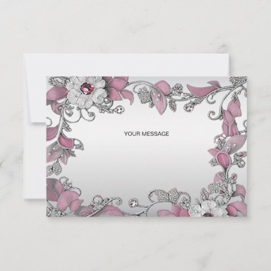 Roze Zilveren Witte Bloemen Dankjewel Kaart (Achterkant)