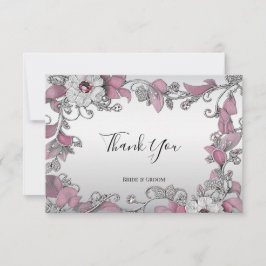 Roze Zilveren Witte Bloemen Dankjewel Kaart
