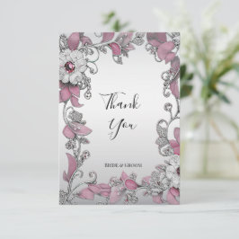 Roze Zilveren Witte Bloemen Dankjewel Kaart