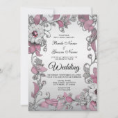 Roze Zilveren Witte Bloemen Huwelijksuitnodiging Kaart (Voorkant)