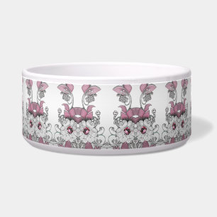 Roze Zilveren Witte Bloemen Keramische Pet Bowl Voerbakje