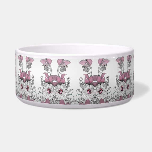Roze Zilveren Witte Bloemen Keramische Pet Bowl Voerbakje (Voorkant)