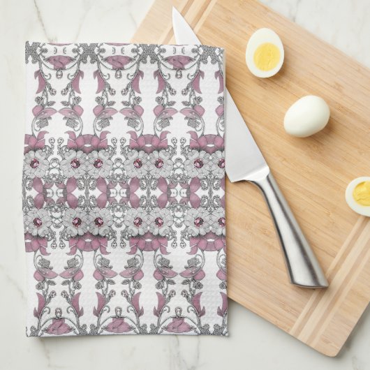 Roze Zilveren Witte Bloemen Keuken Handdoeken (Quarter Fold)