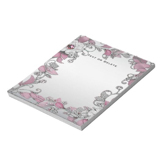 Roze Zilveren Witte Bloemen Notitieblok (Linkerzijde)