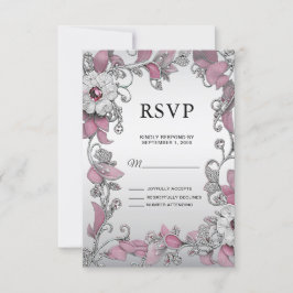 Roze Zilveren Witte Bloemen RSVP Kaart