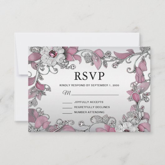 Roze Zilveren Witte Bloemen RSVP Kaart (Voorkant)