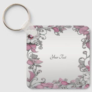 Roze Zilveren Witte Bloemen Sleutelhanger