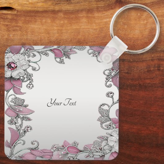 Roze Zilveren Witte Bloemen Sleutelhanger (Achterkant)