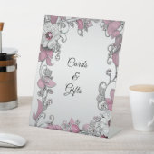 Roze Zilveren Witte Bloemen Tafelblad Tekenen Reclamebord Met Voetstuk (Insitu)