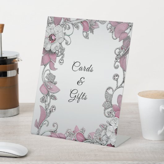 Roze Zilveren Witte Bloemen Tafelblad Tekenen Reclamebord Met Voetstuk (Insitu)