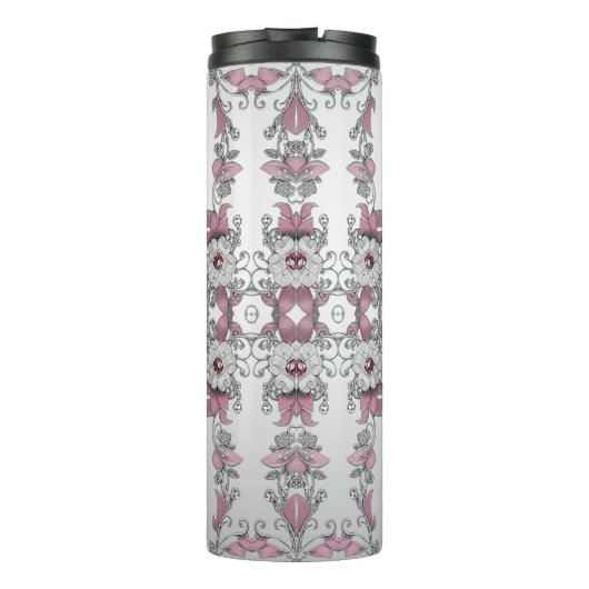 Roze Zilveren Witte Bloemen Thermische Tumbler Thermosbeker (Achterkant)