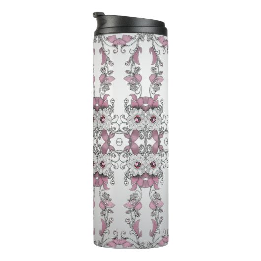 Roze Zilveren Witte Bloemen Thermische Tumbler Thermosbeker (Geroteerd rechts)