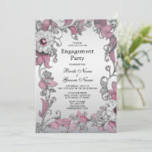 Roze Zilveren Witte Bloemen Verloving Kaart (Staand voorkant)