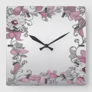 Roze Zilveren Witte Bloemen Wandklok
