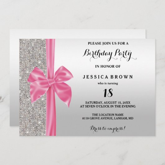 Roze Zilveren Zijde Zijde Zijde Sequins 18e verjaa Kaart (Voorkant / Achterkant)