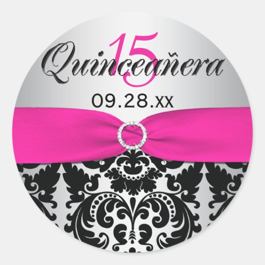 Roze, Zilveren, Zwarte Damast Quinceanera Sticker (Voorkant)