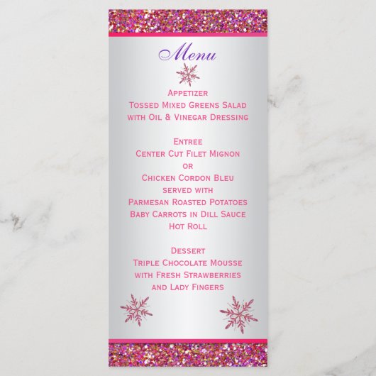 Roze, zilvergrijs FAUX Glitter Sneeuwvlokken Menu (Achterkant)