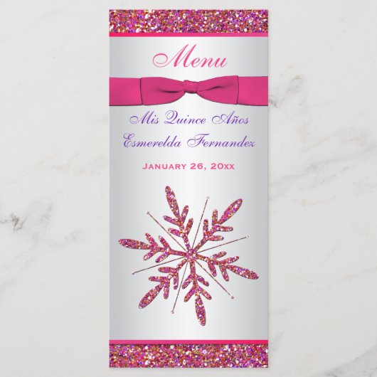 Roze, zilvergrijs FAUX Glitter Sneeuwvlokken Menu (Voorkant)