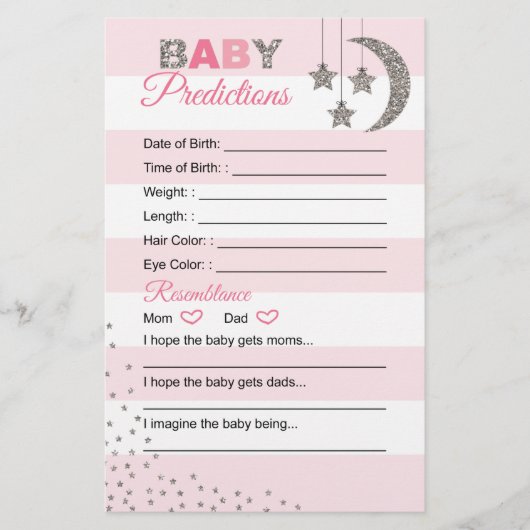 Roze zilvervoorspellingskaart voor baby douche (Voorkant)