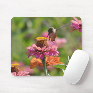 Roze Zinnia Bloemen Kolibrie Fotografie Muismat