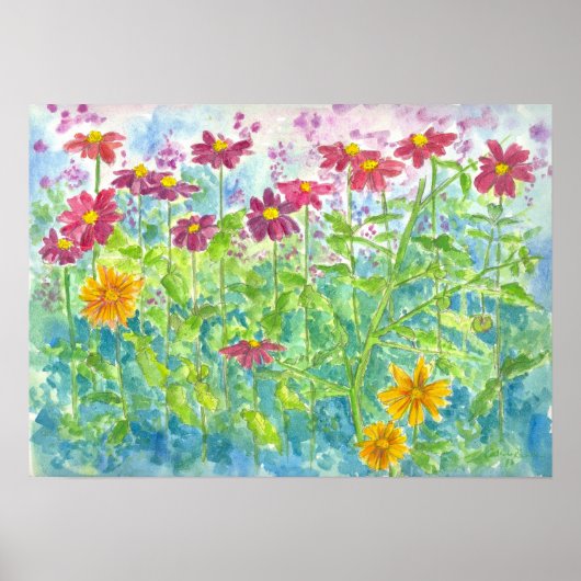 Roze Zinnia Daisy Garden Waterverf Flowers Poster (Voorkant)