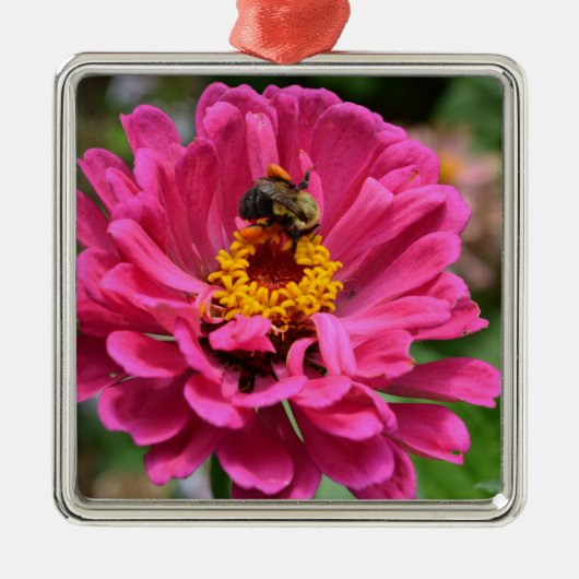 Roze Zinnia en Bumble bee Metalen Ornament (Voorkant)