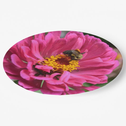 Roze Zinnia en Bumble bee Papieren Bordje (Gekanteld)