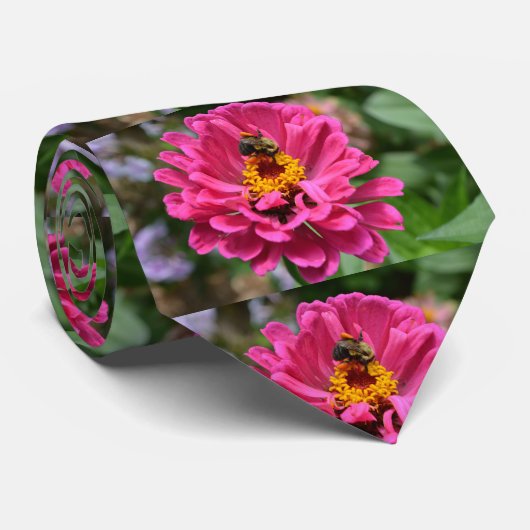 Roze Zinnia en Bumble bee Stropdas (Opgerold)