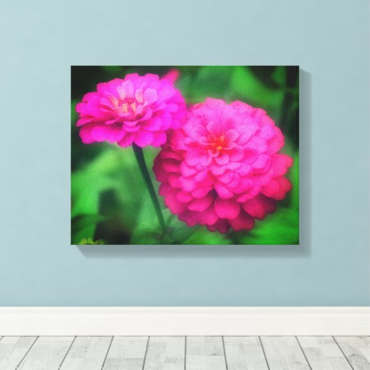 Roze Zinnia Flower Pair Canvas Afdruk (Insitu (Houten vloer))