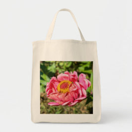 Roze Zinnia met geel middelste tapijt Tote Bag