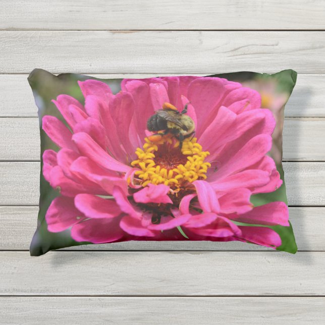 Roze Zinnia roze bloemenhommel honingbij Buitenkussen (Voorkant)