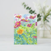 Roze Zinnia Wildflower Waterverf Garden Art Briefkaart (Staand voorkant)