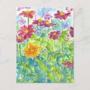 Roze Zinnia Wildflower Waterverf Tuinkunst Briefkaart