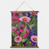 Roze Zinnias en Blauwe Salvia Floral Hangend Wandkleed (Voorkant)
