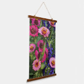 Roze Zinnias en Blauwe Salvia Floral Hangend Wandkleed (Gebogen)