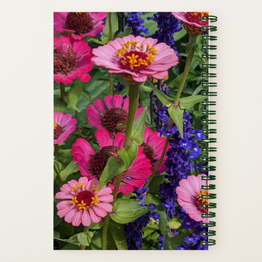 Roze Zinnias en Blauwe Salvia Floral Notitieboek (Achterkant)