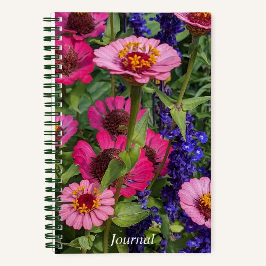 Roze Zinnias en Blauwe Salvia Floral Notitieboek (Voorkant)