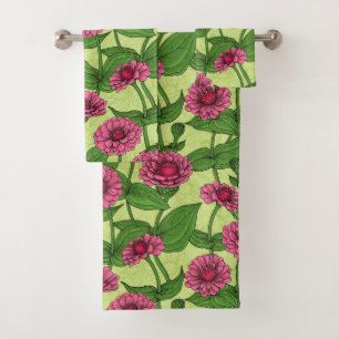 Roze Zinnias op lichtgroen Bad Handdoek