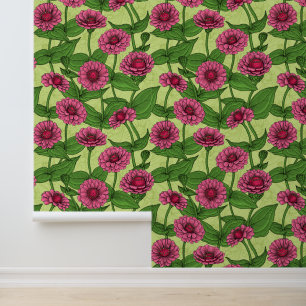 Roze Zinnias op lichtgroen Behang