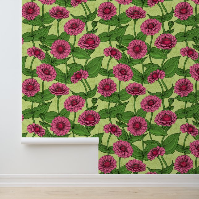 Roze Zinnias op lichtgroen Behang (Applicatie)