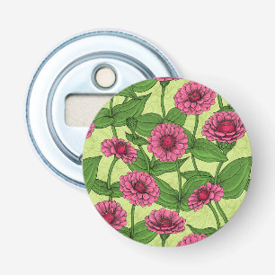 Roze Zinnias op lichtgroen Button Flesopener