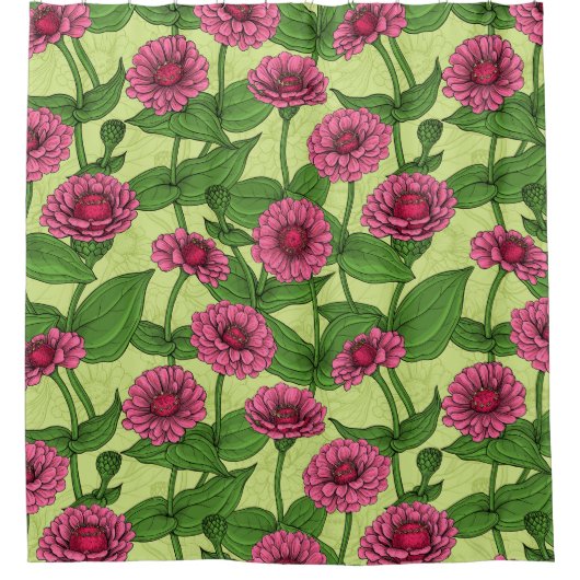 Roze Zinnias op lichtgroen Douchegordijn (Voorkant)