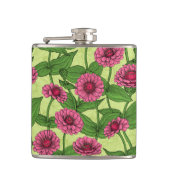 Roze Zinnias op lichtgroen Heupfles (Voorkant)