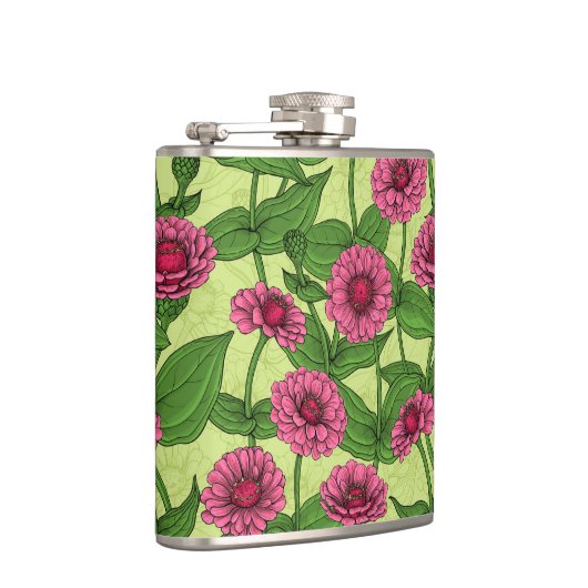 Roze Zinnias op lichtgroen Heupfles (Rechts)