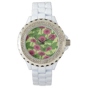 Roze Zinnias op lichtgroen Horloge
