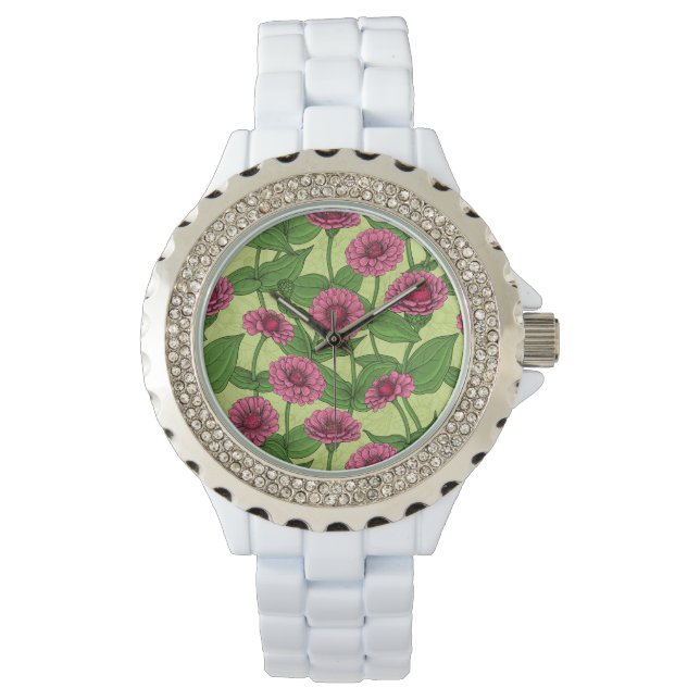 Roze Zinnias op lichtgroen Horloge (Voorkant)